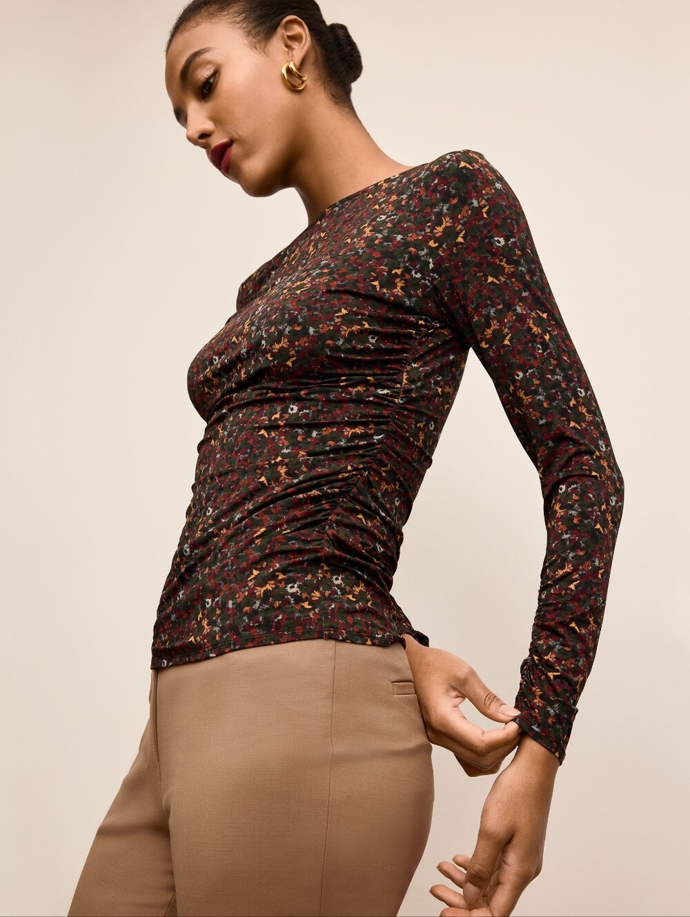MM Lafleur The Percy Stretch Top Printed Jersey L Earthy Distsy Floral Ruched